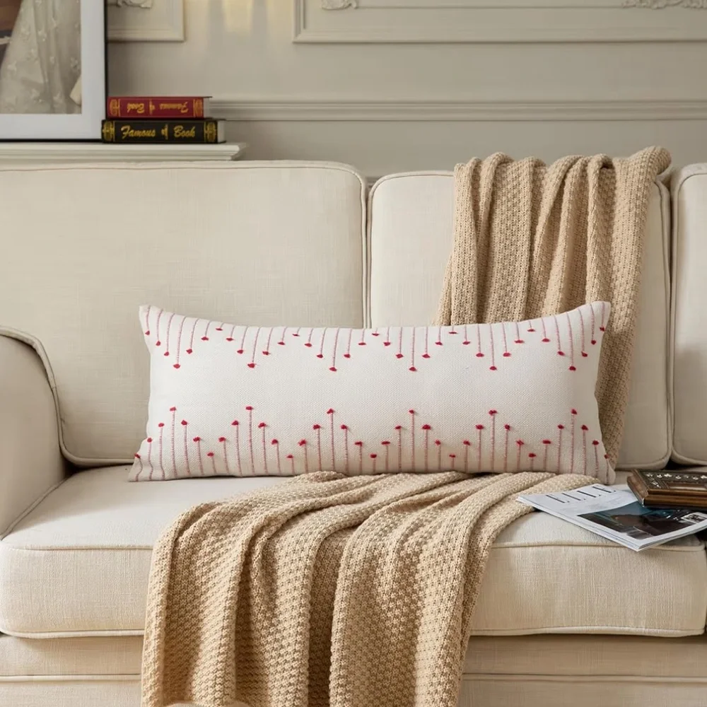 Christmas Modern Farmhouse Pillow Cover LUMBAR Rectangular Red/Beige 14x36”